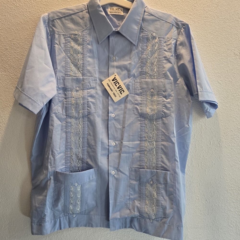 Vintage Vic Vic Blue Guayabera Shirt Mens Embroidered Cuban Wedding Shirt - Picture 6 of 12